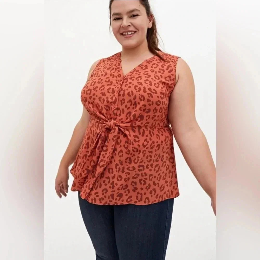 Torrid Peplum Georgette Button-Front Tie-Front Blouse Sz 3X Orange Leopa…